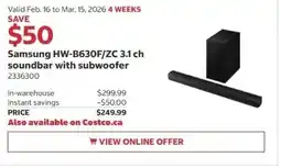Costco Samsung HW-B630F/ZC 3.1 ch soundbar with subwoofer offer