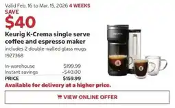 Costco Keurig K-Crema single serve coffee and espresso maker offer