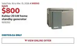 Costco Kohler 20 kW home standby generator offer