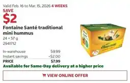 Costco Fontaine Santé traditional mini hummus offer