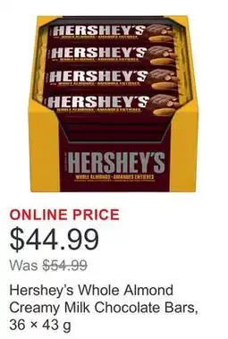 Costco Hershey's Whole Almond Creamy Milk Chocolate Bars, 36 × offer