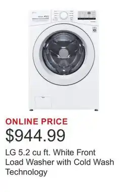 Costco LG 5.2 cu ft. White Front Load Washer with Cold Wash Technology offer