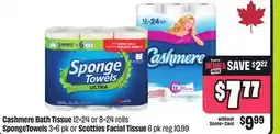 FreshCo Cashmere Bath Tissue 12=24 or 8=24 rolls, SpongeTowels 3=6 pk or Scotties Facial Tissue offer