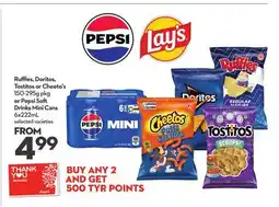Longo's Ruffles, Doritos, Tostitos or Cheeto's 150-295g pkg or Pepsi Soft Drinks Mini Cans 6x222mL offer