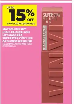 Real Canadian Superstore MAYBELLINE SKY HIGH, FALSIES LASH LIFT MASCARA, SUPERSTAY VINYL INK OR SUNKISSER BLUSH offer