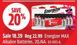 Canadian Tire Energizer MAX Alkaline Batteries, 20/AA offer