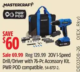 Canadian Tire Mastercraft 20V 1-Speed Drill/Driver with 76-Pc Accessory Kit offer