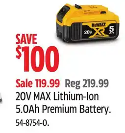 Canadian Tire DEWALT 20V MAX Lithium-Ion 5.0Ah Premium Battery offer
