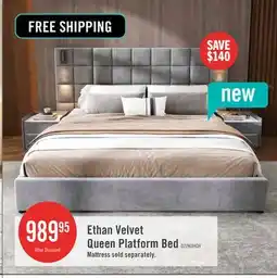 The Brick Ethan Velvet Platform Bed with Grid Headboard and USB Ports,Queen Size - Grey offer