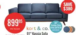 The Brick Kort & Co. Kassia 90.6 Linen-Look Fabric Sofa with Wood Base and Legs - Blue offer