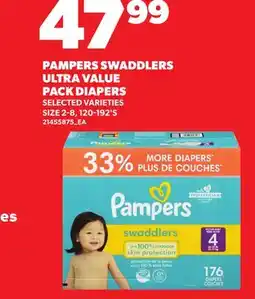 Loblaws PAMPERS SWADDLERS ULTRA VALUE PACK DIAPERS, SIZE 2-8, 120-192'S offer