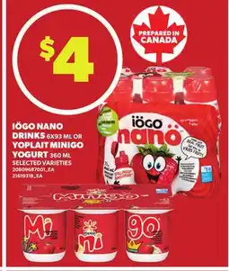 Loblaws IÖGO NANO DRINKS, 6X93 ML OR YOPLAIT MINIGO YOGURT, 360 ML offer