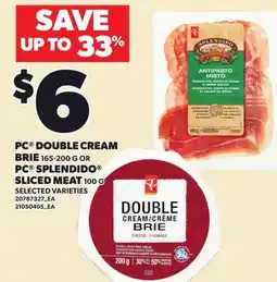 Loblaws PC DOUBLE CREAM BRIE 165-200 G OR PC SPLENDIDO SLICED MEAT 100 g offer