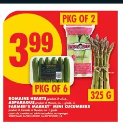 No Frills ROMAINE HEARTS, PKG OF 2, ASPARAGUS, 325 G or FARMER'S MARKET MINI CUCUMBERS, PKG OF 6 offer