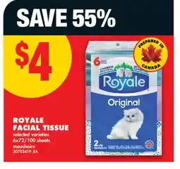 No Frills ROYALE FACIAL TISSUE, 6x72/100 sheets offer