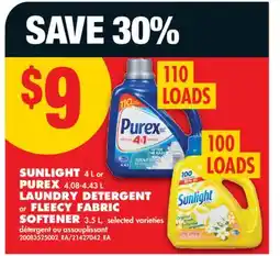 No Frills SUNLIGHT, 4 L OR PUREX, 4.08-4.43 L LAUNDRY DETERGENT OR FLEECY FABRIC SOFTENER, 3.5 L offer