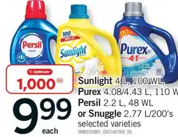 Fortinos SUNLIGHT, 4 L, 100 WL PUREX 4.08/4.43 L, 110 W PERSIL, 2.2 L 48 W OR SNUGGLE, 2.77 L/200'S offer