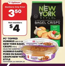 Independent Grocer PC TOPPED HUMMUS 280 G OR NEW YORK BAGEL CRISPS 170 G offer