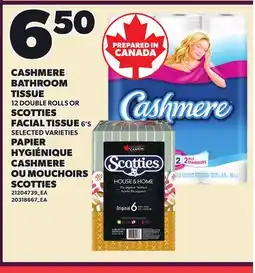 Independent Grocer CASHMERE BATHROOM TISSUE 12 DOUBLE ROLLS SCOTTIES FACIAL TISSUE, 6'S6'S offer