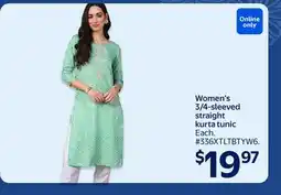 Walmart Women's 3/4-sleeved straight kurta tunic offer