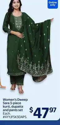 Walmart Women's Dweep Sara 3-piece kurti, dupatta and pants set offer