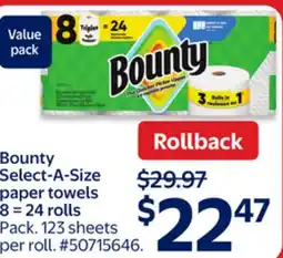 Walmart Bounty Select-A-Size paper towels 8 = 24 rolls offer