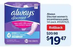Walmart Always Discreet women's incontinence pads offer