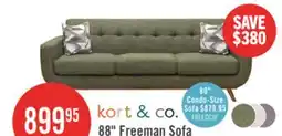 The Brick Kort & Co. Freeman 88 Linen-Look Fabric Sofa with Wood Base and Tufted Back Cushions - Avocado Green offer