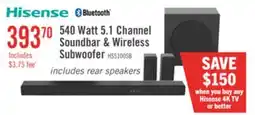 The Brick HISENSE HS5100 5.1 Channel 540W Soundbar with Wireless Subwoofer & Rear Speakers offer