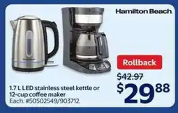 Walmart Hamilton Beach 1.7 L LED stainless steel kettle or 12-cup coffee maker offer