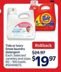 Walmart Tide or Ivory Snow Laundry Detergent offer