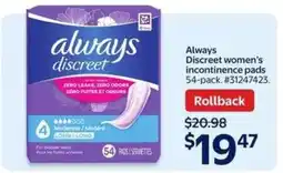 Walmart Always Discreet women's incontinence pads 54-pack offer
