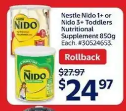 Walmart Nestle Nido 1+ or Nido 3+ Toddlers Nutritional Supplement 850g offer