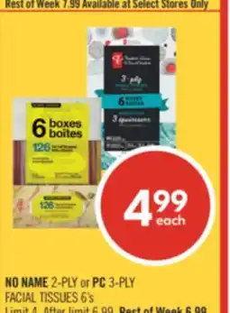 Shoppers Drug Mart NO NAME 2-PLY or PC 3-PLY FACIAL TISSUES 6's offer