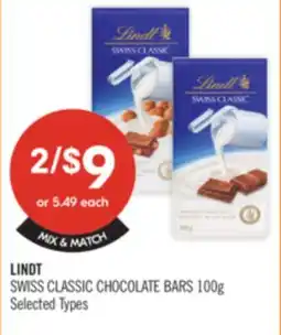 Shoppers Drug Mart LINDT SWISS CLASSIC CHOCOLATE BARS offer