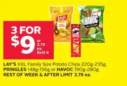 Rexall LAY'S XXL Family Size Potato Chips 220g-235g, PRINGLES 148g-156g or HAVOC 190g-280g offer