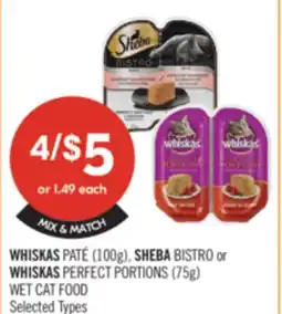 Shoppers Drug Mart WHISKAS PATÉ (100g), SHEBA BISTRO or WHISKAS PERFECT PORTIONS (75g) WET CAT FOOD offer