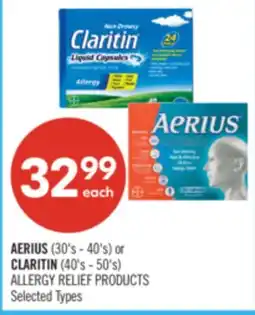 Shoppers Drug Mart AERIUS (30's - 40's) or CLARITIN (40's - 50's) ALLERGY RELIEF PRODUCTS offer