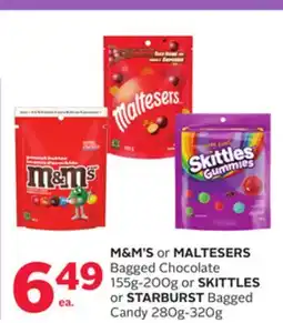 Rexall M & M' S or MALTESERS Bagged Chocolate 155g-200g or SKITTLES or STARBURST Bagged Candy 280g-320g offer