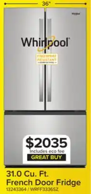 Leon's Whirlpool 36 31 Cu. Ft. Fingerprint Resistant Stainless Steel Refrigerator - WRFF3336SZ offer