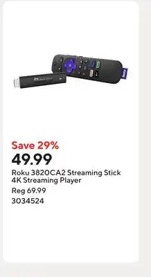 Staples Roku 3820CA2 Streaming Stick 4K Streaming Player offer