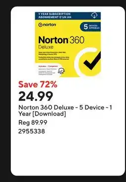 Staples Norton 360 Deluxe - 5 Device - 1 Year [Download] offer