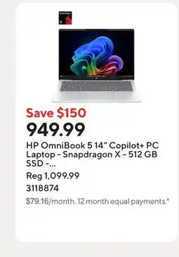 Staples HP OmniBook 5 14 Copilot+ PC Laptop - Snapdragon X - 512 GB SSD - 16 GB RAM - Windows 11 Home offer