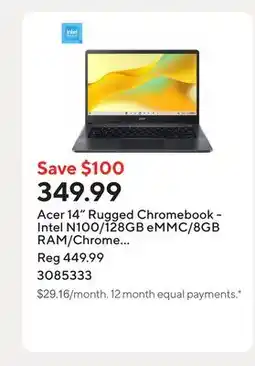 Staples Acer 14 Rugged Chromebook - Intel N100/128GB eMMC/8GB RAM/Chrome OS with 3 months of Google AI Pro offer