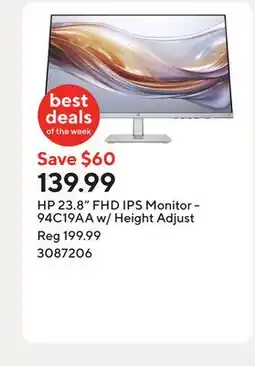Staples HP 23.8 FHD IPS Monitor - 94C19AA w/ Height Adjust offer