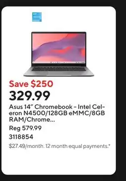 Staples Asus 14 Chromebook - Intel Celeron N4500/128GB eMMC/8GB RAM/Chrome OS with 3 months of Google AI Pro offer