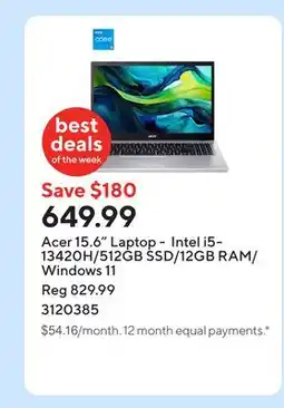 Staples Acer 15.6 Laptop - Intel i5-13420H/512GB SSD/12GB RAM/Windows 11 offer