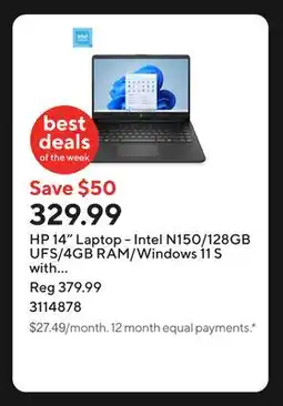 Staples HP 14 Laptop - Intel N150/128GB UFS/4GB RAM/Windows 11 S with 1-year of Microsoft 365 offer