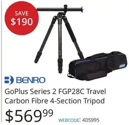 Vistek BENRO GoPlus Series 2 FGP28C Travel Carbon Fibre 4-Section Tripod offer