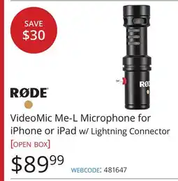 Vistek RODE VideoMic Me-L Microphone for iPhone or iPad w/ Lightning Connector offer